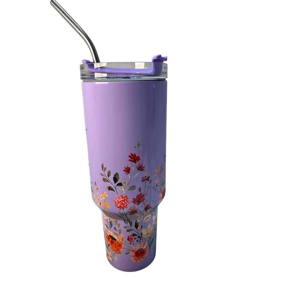 Purple Wildflower Insulated Tumbler 40oz with Handle and Stainless Steel Straw
